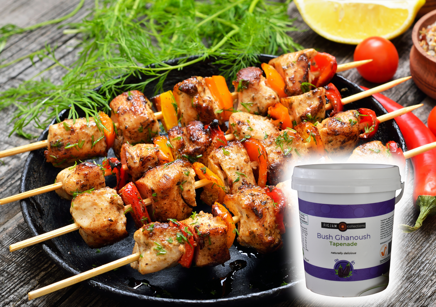 Kebabs with FigJam Collections Bush_Ghanoush_Tapenade
