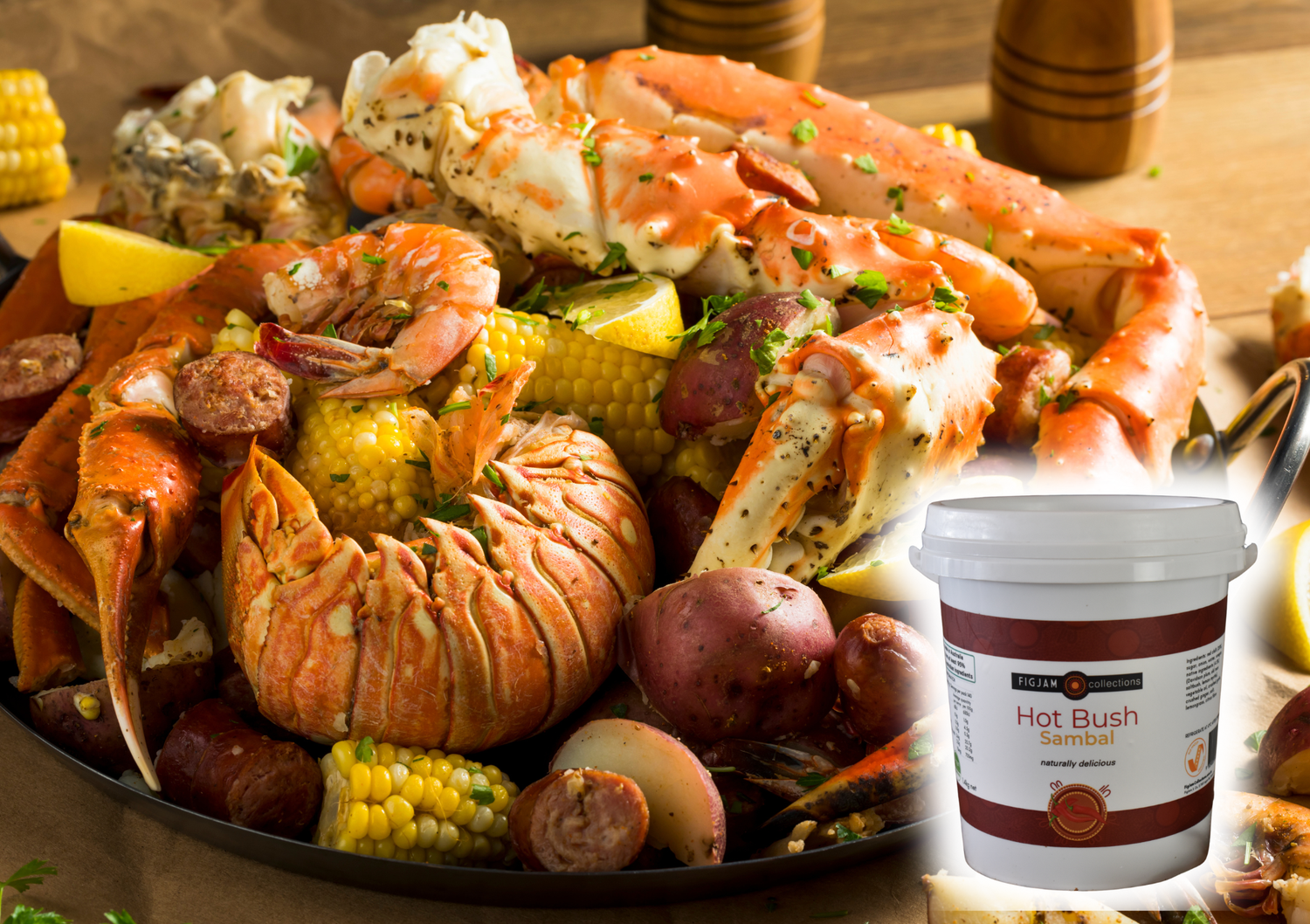 Assorted seafood platter with FigJam Collections Hot Bush Sambal