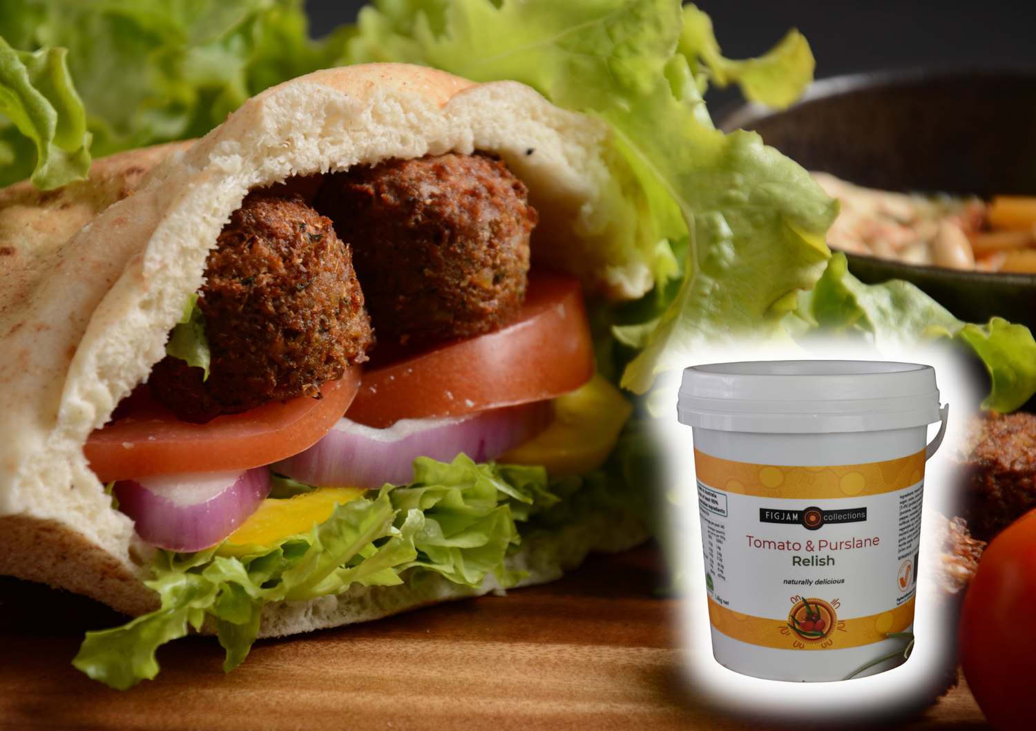 Falafels, pita bread and salad with FigJam Collections Tomato & Purslane Relish.